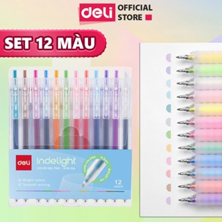  Set 12 màu bút bi nước mực gel bấm nhiều màu 0.5mm Deli nhanh khô viết trơn tru xinh xắn 