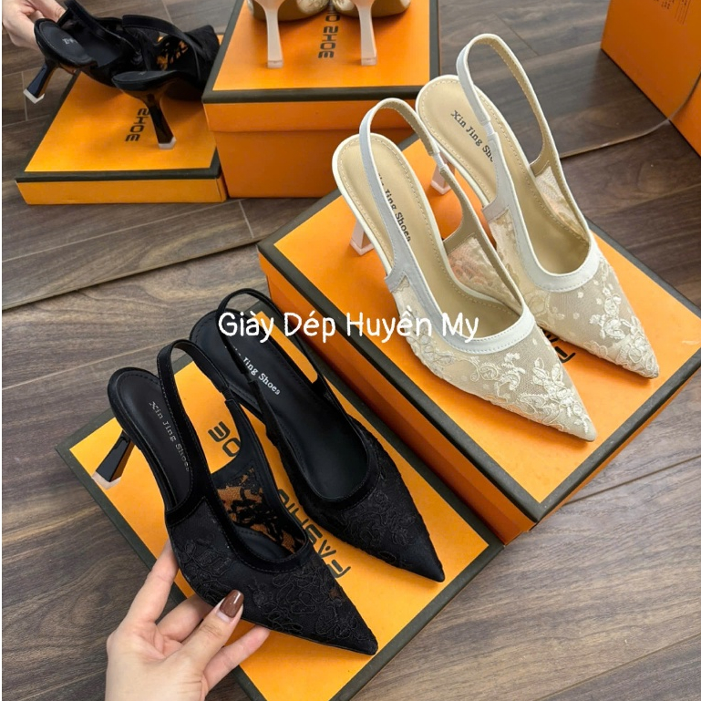 [ Giày Dép Huyền My ] Giày Cao Gót 7P Ren Lưới Thêu Hoa  Mũi Nhọn Hàng Cao Cấp Full Hộp ( LT27 )