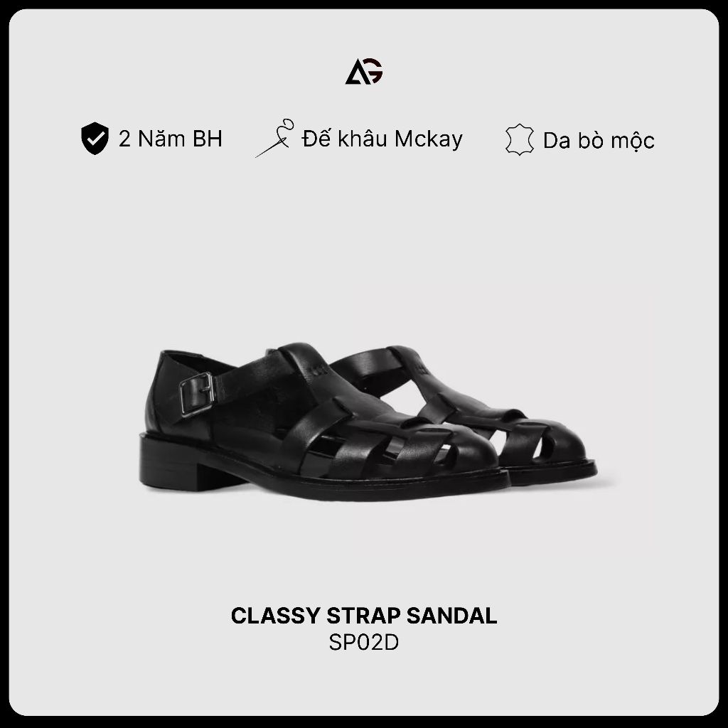 Dép Rọ Da Bò Cao Cấp All Black Đế Mckay Chống Trượt August Classy Strap Sandal SP02D