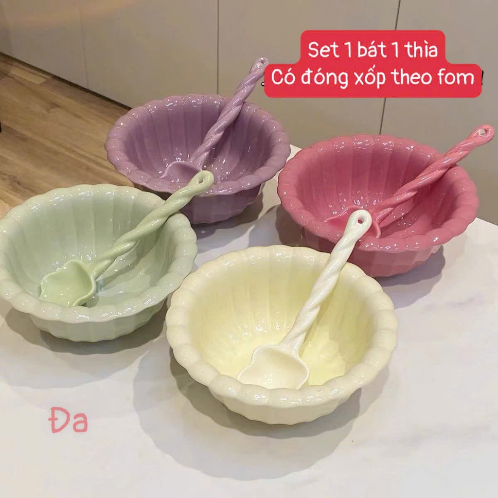Set 1 Bát 1 Thìa Sứ Hình Hoa Xoắn Ốc Siêu Xinh – Nhiều Màu Pastel Dễ Thương