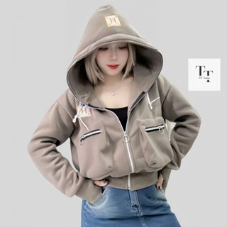  Áo khoác nỉ túi khóa thêu chữ,4 túi có khóa kéo tay xỏ ngón mũ rộng vành thiết kế phong cách trẻ trung năng động 