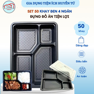 Bộ KHAY ĐEN 4 NGĂN cả nắp, hộp nhựa đựng cơm đế đen nắp trong – Dày dặn, chắc chắn và an toàn