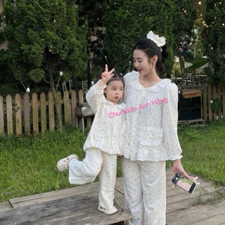    6kg-65kg  Bộ thô lụa dài tay phối ren cho mẹ và bé  AH198  