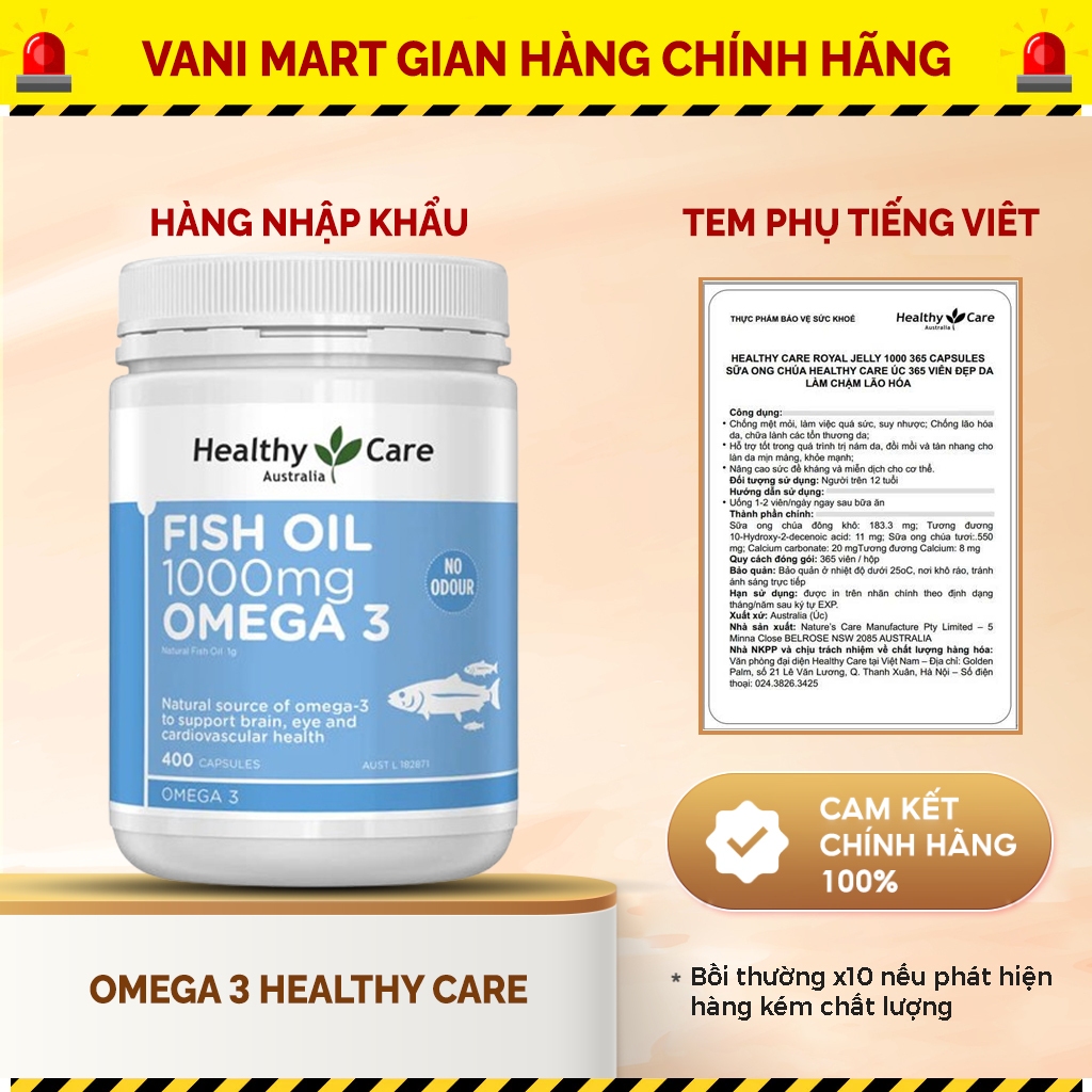 [HÀNG NHẬP KHẨU] Dầu cá Fish Oil Healthy Care Omega-3 1000mg của Úc Giúp phát triển trí não, chống lão hóa 400 viên