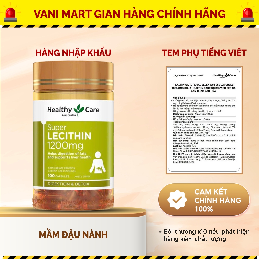 [ HÀNG NHẬP KHẨU ] Mầm đậu nành Super Lecithin Healthy Care 1200mg của Úc giúp bổ trợ phát triển vòng 1, chống lão hóa