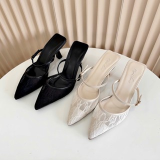 Giày sục nữ mũi nhọn cao gót 7cm DAZZLING SHOES thiết kế hoạ tiết da phối ren  SU15