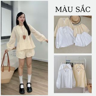  Set Bộ Sơ Mi Linen Nữ Tay Bồng Mix Quần Sooc Đũi Thoáng Mát Đi Chơi Đi Biển RIBI LADYSTORE 