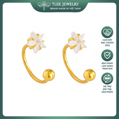 Bông tai bạc nữ TLEE, khuyên tai cong ren bi mặt sao đá lấp lánh TLEE JEWELRY B0436