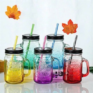 Ly thủy tinh 450ml có quai uống trà sữa 450ml nắp có lỗ