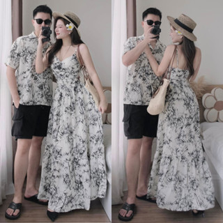 Set Đồ Nam Nữ Đi Biển - Váy 2 Dây Dáng Dài Có Mút Ngực Và Áo Sơ Mi Nam Họa Tiết Mềm Mát Cho Các Cặp Đôi Đi Du Lịch