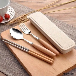 [SaLe 99%] Bộ Thìa Đũa Dĩa Lúa Mạch INox Cán Gỗ Lúa Mạch .[SCA]