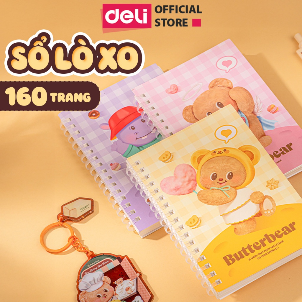 Sổ Lò Xo Deli BUTTERBEAR x Deli A5 B5 160 Trang Giấy Kẻ Ngang Chống Lóa Deli - Sổ Tay Ghi Chép Gáy X