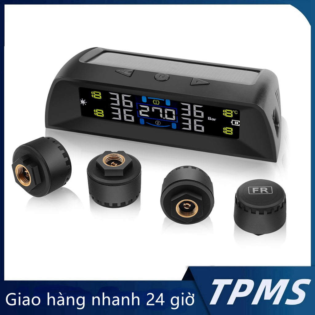 【Có màn hình hiển thị nhiệt độ trong xe】Hệ thống giám sát áp suất lốp TPMS Car Solar Digital LCD Dis