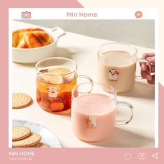  Cốc thuỷ tinh cute uống nước có quai ly chịu nhiệt in hình gấu dễ thương Minhome dung tích 330ml 
