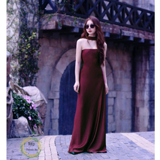 Đầm đi dự tiệc, váy dự tiệc lụa quây dáng xòe dài cách điệu cổ dây sang trọng thiết kế tiểu thư sang chảnh thanh lịch LE