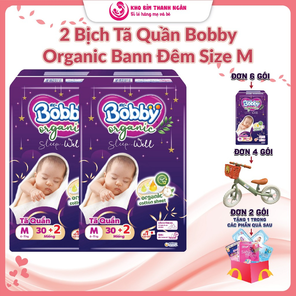 Combo 2 Bịch Tã Quần BOBBY ORGANIC Ban Đêm Size M30+2 - Tã Quần Bobby Ban Đêm Tặng Quà - Kho Bỉm Tha