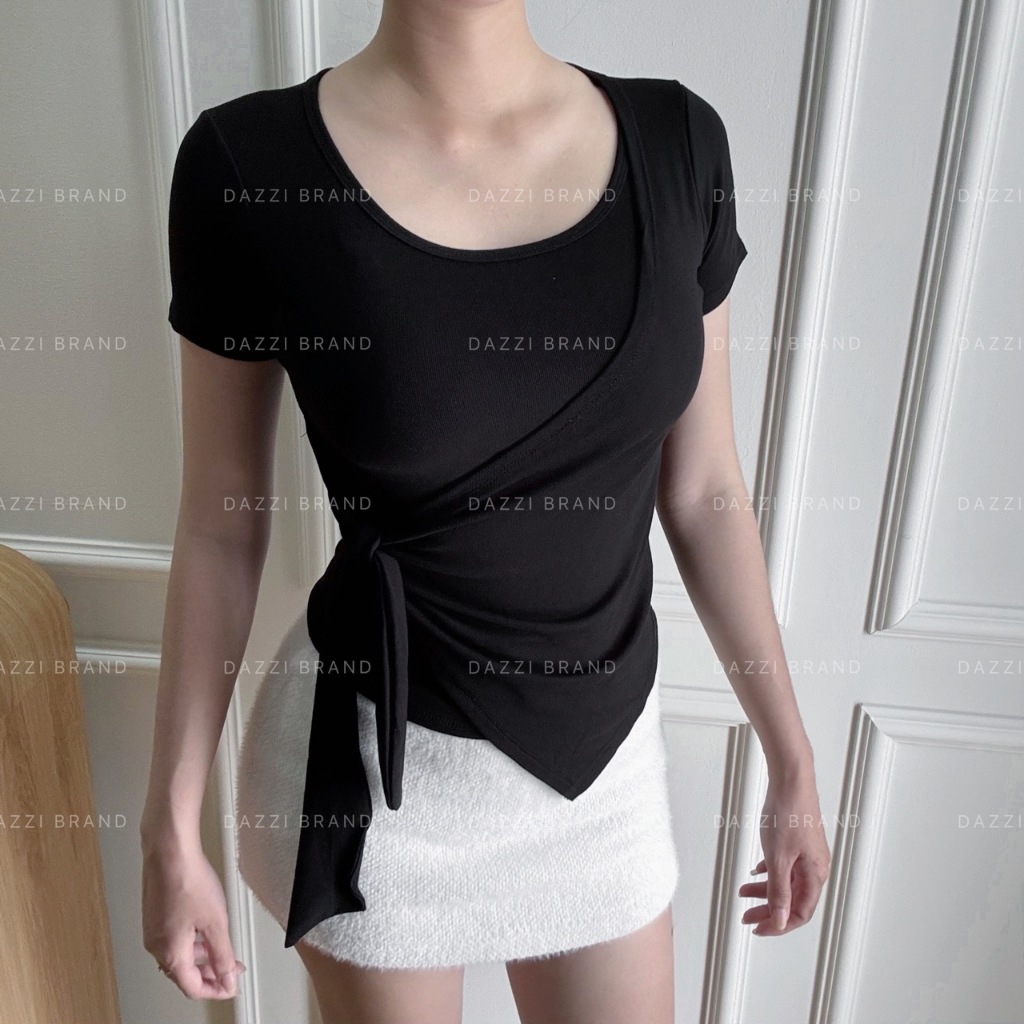 Áo thun nữ cổ vuông phối viền thiết kế dây rời thắt eo vạt xẻ tà vải cotton ôm body DAZZI A041 | BigBuy360 - bigbuy360.vn