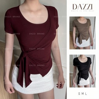   DEAL MỞ BÁN  Áo thun nữ cổ vuông phối viền thiết kế dây rời thắt eo vạt xẻ tà vải cotton ôm body DAZZI Women A041 