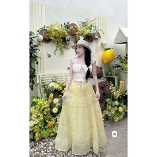  SET ÁO CROPTOP HOA THÊU 2 DÂY BẢN VIỀN REN MOCKING CHUN LƯNG XẾP NHÚN NƠ NGỰC + CHÂN VÁY MIDI VÀNG VOAN XÒE  TH  