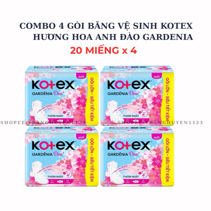 COMBO 4 GÓI BĂNG VỆ SINH KOTEX GADENIA DEO+ HƯƠNG HOA ANH ĐÀO 23CM 20 MIẾNG