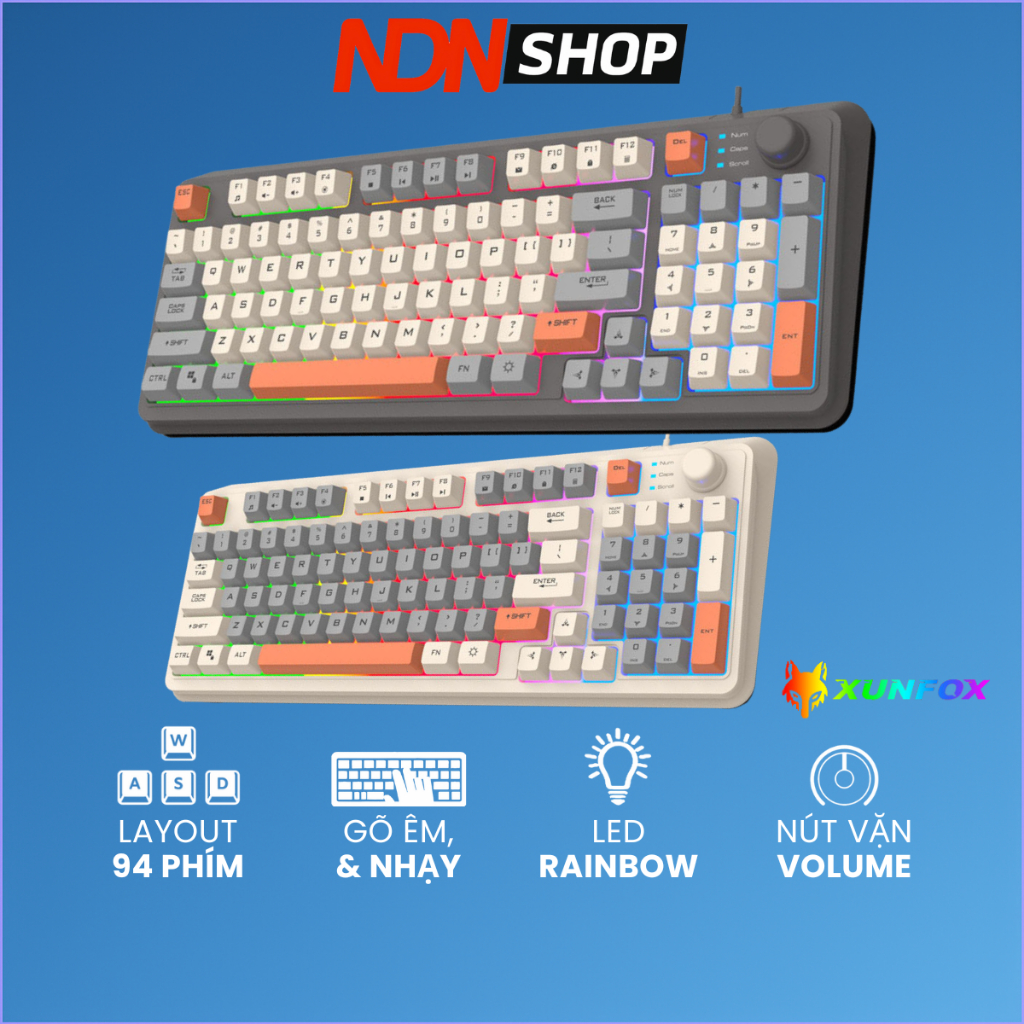 Bàn phím chơi game có dây K82 layout 94 phím led rainbow có núm chỉnh âm lượng dùng cho pc laptop