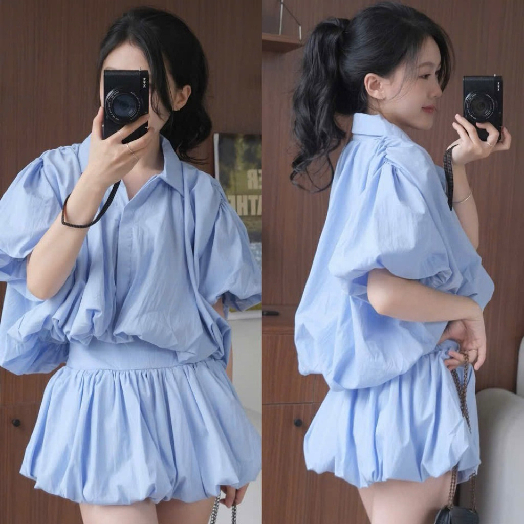 Sét áo somi tay bồng dáng croptop kèm chân váy bí nữ , sét kiểu nữ đẹp HANSOO