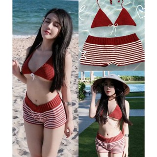 Set bikini len dệt kim 2 mảnh, Áo tam giác + quần short kẻ sọc phong cách sexy