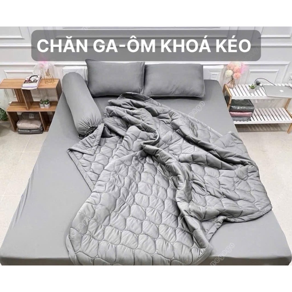 BỘ CHĂN GA ÔM KHÓA KÉO MÀU TRƠN chất thun lạnh co giãn 4 chiều (họa tiết ôm dây rút )
