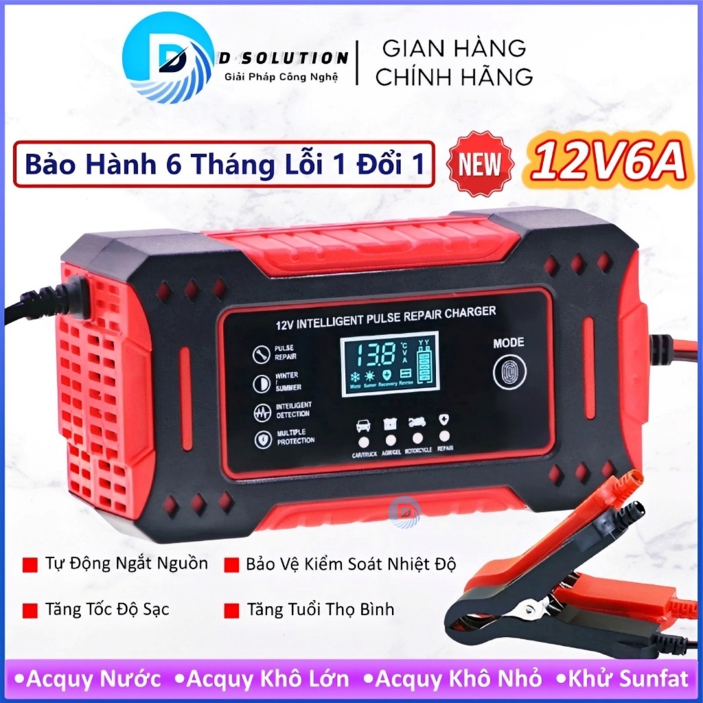 Sạc Acquy Ô Tô Xe Máy 12V6A [4Ah-100Ah] BLQ Tự Ngắt Có Khử Sunfat Bảo Dưỡng Phục Hồi Bình Acquy