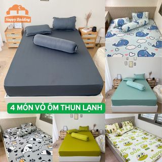 Bộ ga giường thun lạnh 4 món gồm ga giường vỏ gối, vỏ gối ôm, áo bọc nệm thun lạnh, thun 3D Hàn Quốc Happy Bedding