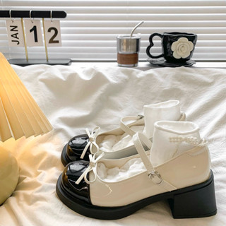 Giày búp bê lolita nữ da bóng cao gót 5p quai dán