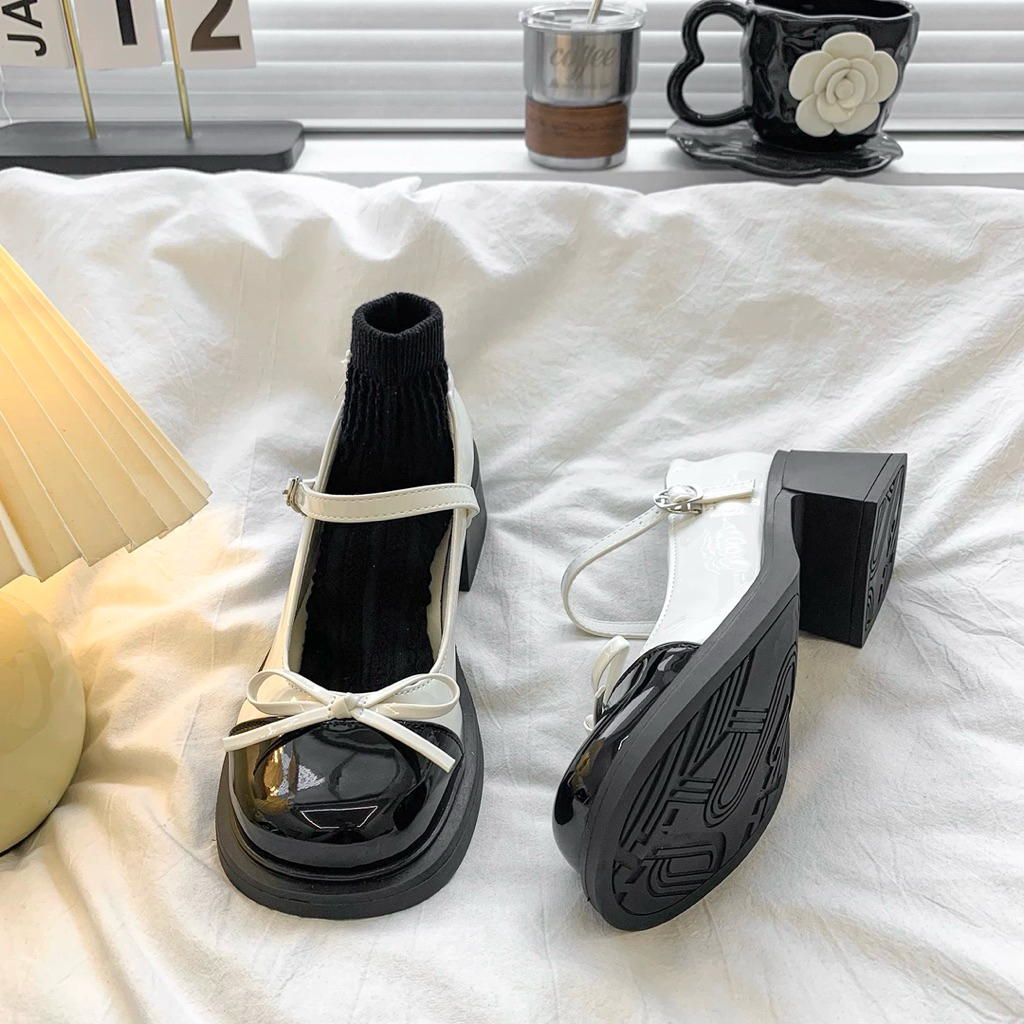 Giày búp bê lolita nữ da bóng cao gót 5p quai dán | BigBuy360 - bigbuy360.vn