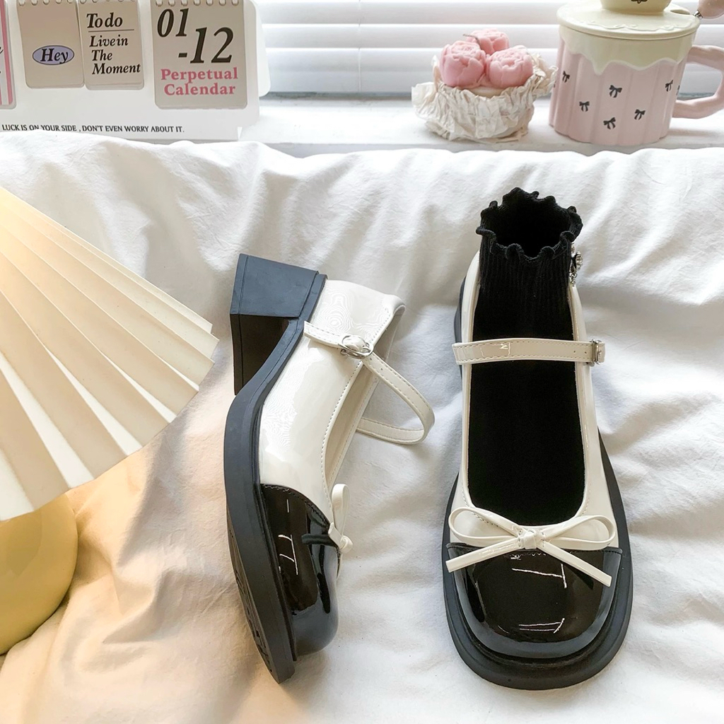 Giày búp bê lolita nữ da bóng cao gót 5p quai dán | BigBuy360 - bigbuy360.vn