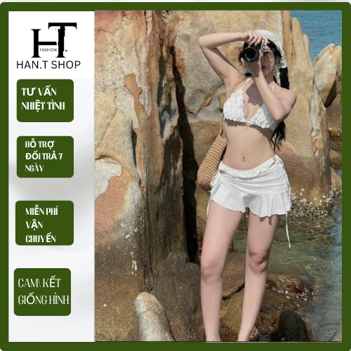 Đồ bơi bikini đi biển ba mảnh bèo nhún váy sang chảnh, BiKiNi HAN.T Shop [ kèm mút tròn ]