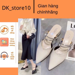 Giày cao gót bít mũi 5cm gót vuông hai màu đen kem giày cao gót dây đá ôm chân siêu xinh