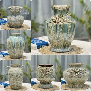 Bình hoa gốm sứ Bát Tràng men xanh ruby đắp nổi lọ cắm hoa trang trí decor phong cách hiện đại