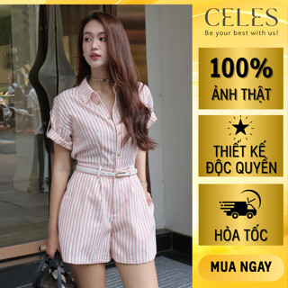 [Tặng Belt] CELES Pamela – Jumpsuit Nữ Tay Ngắn Sọc Dọc, Cổ Sơ Mi Basic Sang Xịn Mịn, dạo phố đi biển