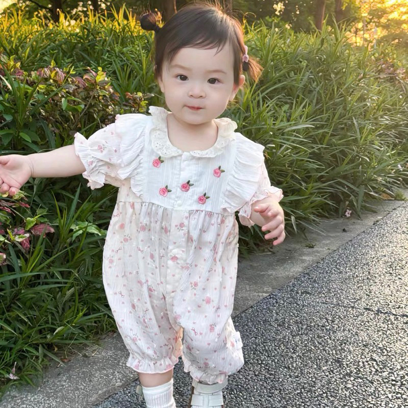 Bodysuit cho bé gái SUSHI BABY SHOP đồ liên thân sơ sinh hoa hồng phối ren váy công chúa đầy tháng t