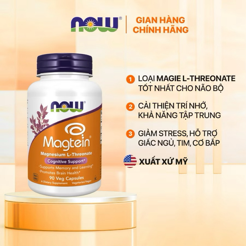 Viên uống Magie L-Threonate Now Magtein giúp cải thiện trí nhớ, giảm stress, mất ngủ, chuột rút