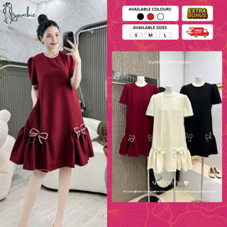 Váy bầu xinh, đầm bầu đi tiệc thiết kế dáng babydoll cổ tròn tay ngắn, trang trí nơ đáng yêu, mặc lên dáng cực xinh