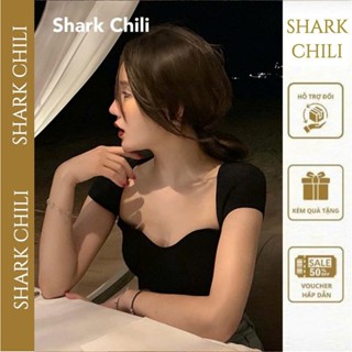 【Lấy voucher 10+10 áo croptop cổ vuông hở ngực nữ shark chili tingoan crt kiểu xinh len ôm body baby tee S61