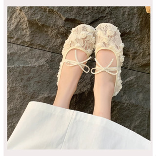 [Lùi 1 size] Giày Bệt Ren Hoa Hồng thêu nổi 5D Tiểu thư - Giày búp bê đế dẻo gắn nơ xinh xắn Mã V037