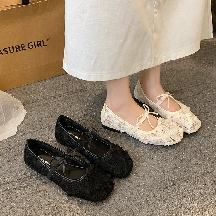 [LÙI 1 SIZE] Giày Bệt Ren Hoa Hồng thêu nổi 5D Tiểu thư - Giày búp bê đế dẻo gắn nơ xinh xắn Mã V037 | BigBuy360 - bigbuy360.vn