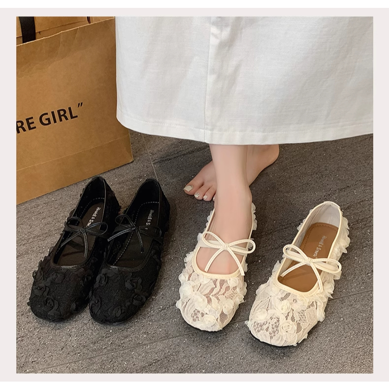 [LÙI 1 SIZE] Giày Bệt Ren Hoa Hồng thêu nổi 5D Tiểu thư - Giày búp bê đế dẻo gắn nơ xinh xắn Mã V037 | BigBuy360 - bigbuy360.vn