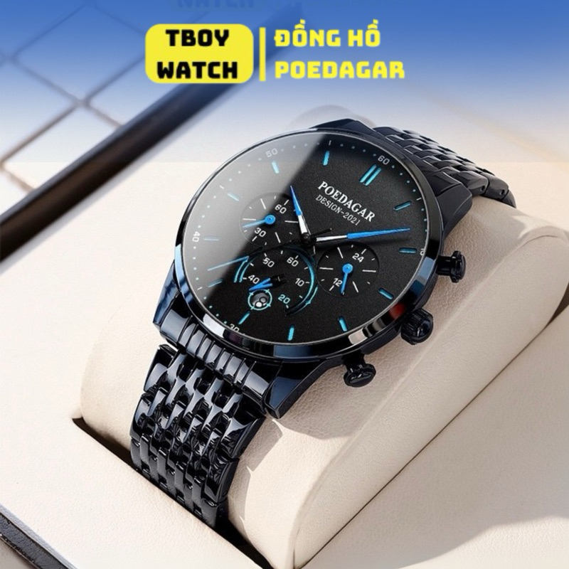 Đồng hồ đeo tay nam dây kim loại thép đen 6 Kim cao cấp POEDAGAR 632 chính hãng phong cách sang trọn | BigBuy360 - bigbuy360.vn