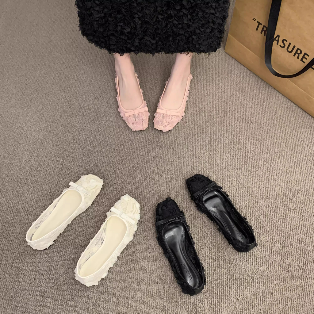 [Lùi 1 size] Giày bệt nữ phối ren hoa hồng quai nơ siêu xinh Mã V037 | BigBuy360 - bigbuy360.vn