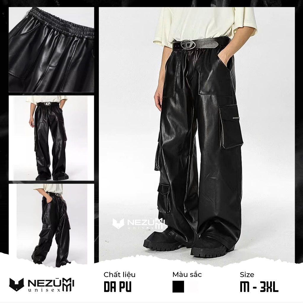 (Sẵn Đen) Quần suông da PU ống rộng túi hộp hiphop unisex nam nữ siêu ngầu dance Châu Âu