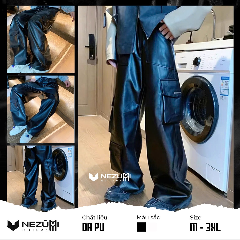 (Sẵn Đen) Quần suông da PU ống rộng túi hộp hiphop unisex nam nữ siêu ngầu dance Châu Âu