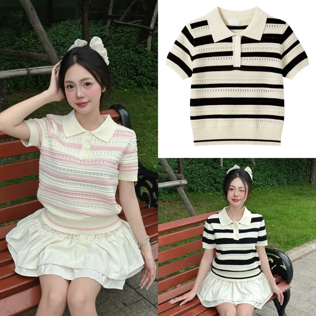 Áo Polo Len Dệt Kim Mỏng Tay Ngắn Gân Sọc Pastel Nữ Tính Phối Cổ Trắng Vintage Cực Xinh M13
