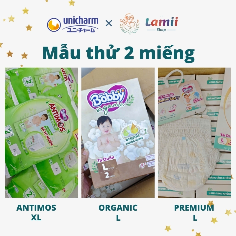 [HỘP MẪU 2 MIẾNG] Bobby Premium Soft / Antimos/ Bobby Organic ngày - Tã quần Bobby CHÍNH HÃNG